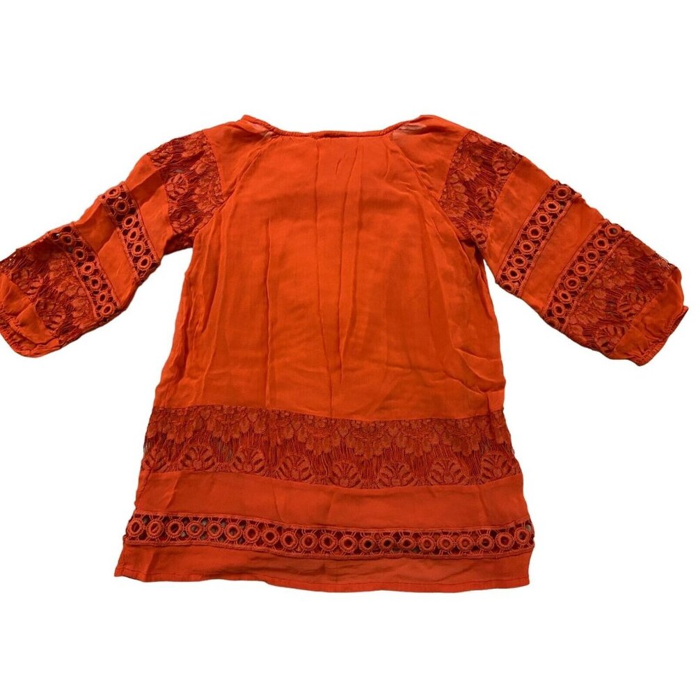 Chico's Top Womens 0 Red 3/4 Sleeve Embroidered Tunic Blouse Tie Neck Pullover - Picture 2 of 6